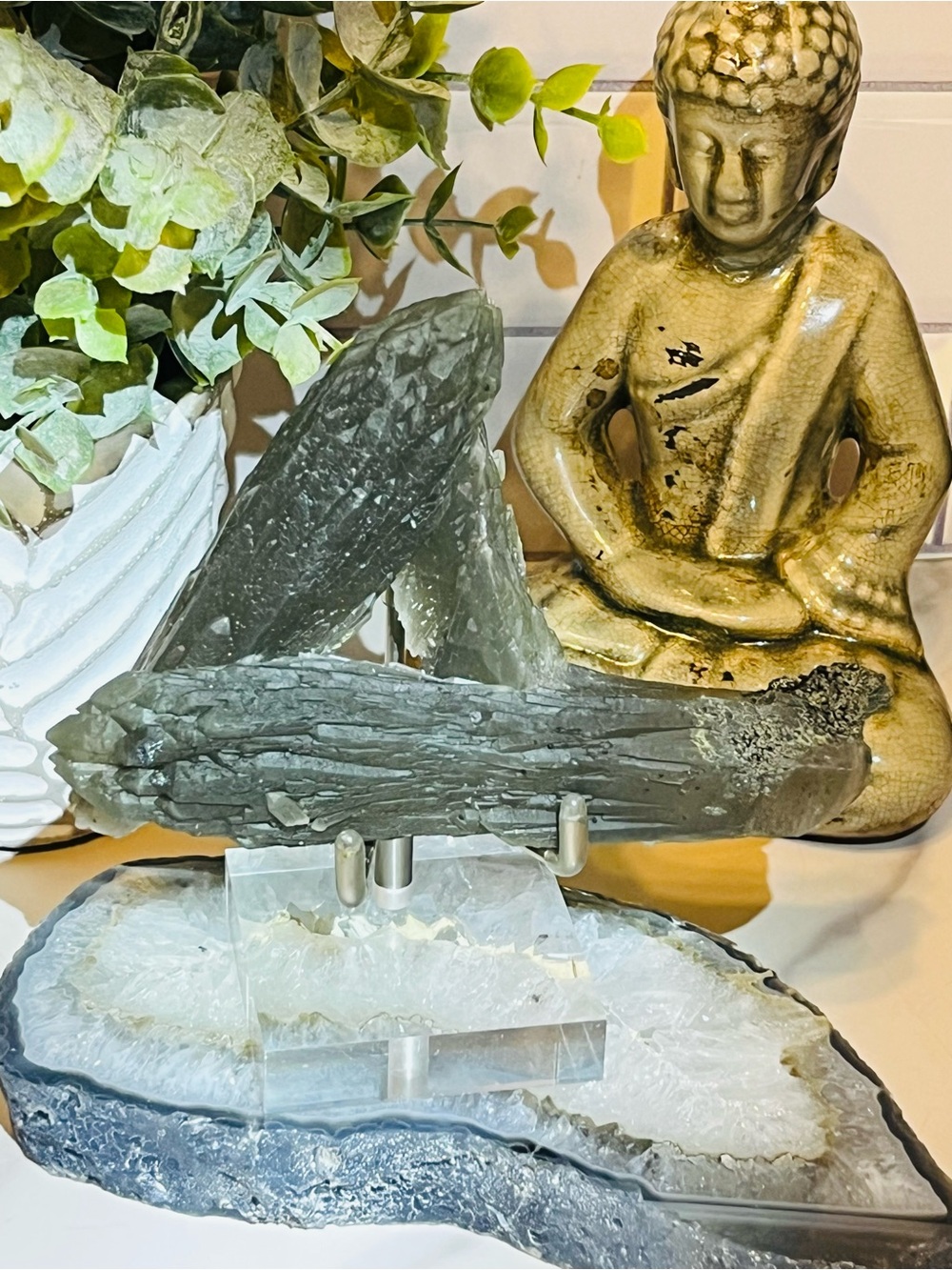Iridescent Unique fully Terminated Candle Quartz  with Specularite and Pyrite